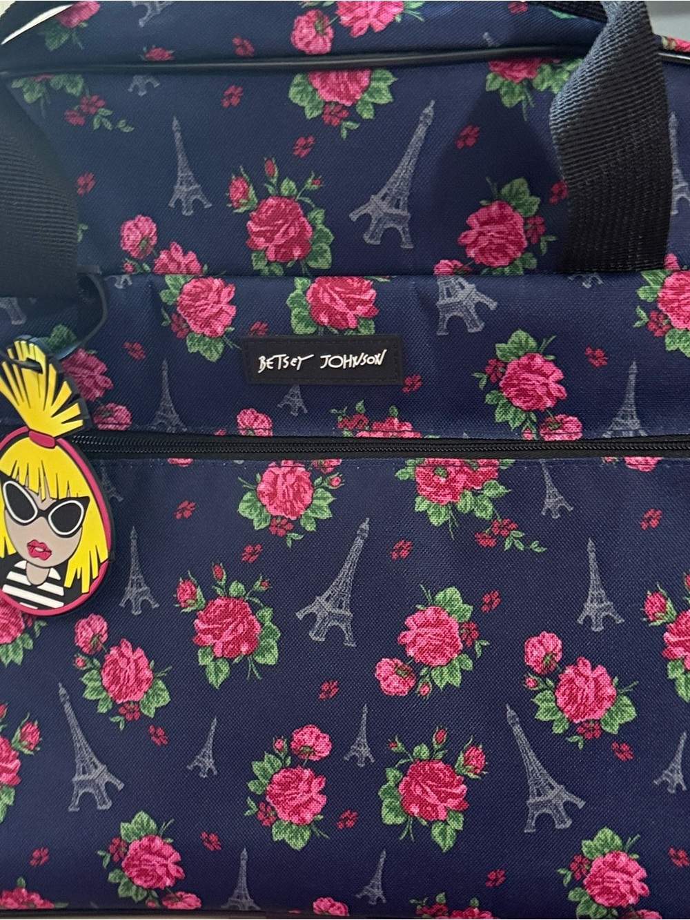 Betsey Johnson Navy Tote with Pink Roses and Eiffel Tower Print